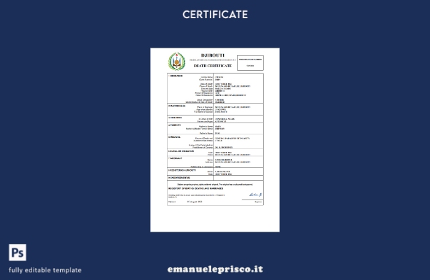 certificato di morte di Gibuti in stile verificato modello Word e PDF