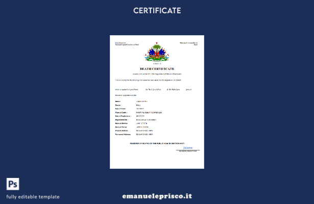 certificato di morte di Haiti in stile verificato modello Word e PDF