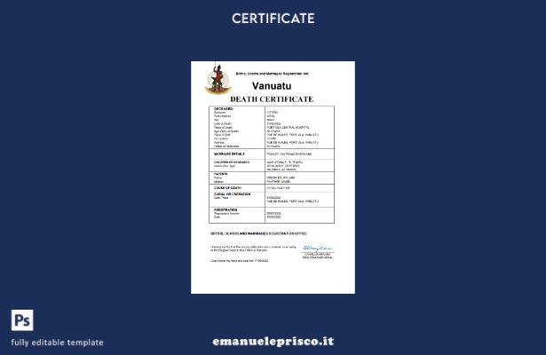 certificato di morte di Vanuatu in stile verificato Modello Word e PDF