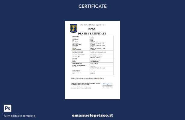 certificato di morte israeliano in stile verificato modello Word e PDF