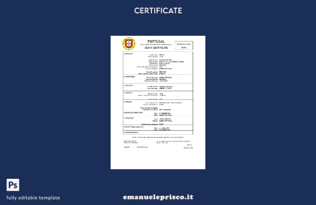 certificato di morte portoghese in stile verificato Modello Word e PDF