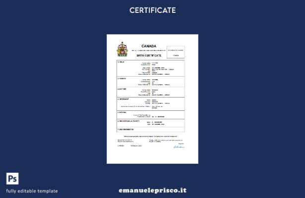certificato di nascita canadese in stile verificato modello Word e PDF