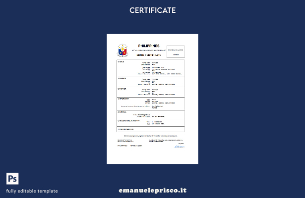 certificato di nascita dei documenti di stato civile delle Filippine in stile ve