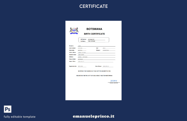 certificato di nascita del Botswana in stile verificato modello Word e PDF