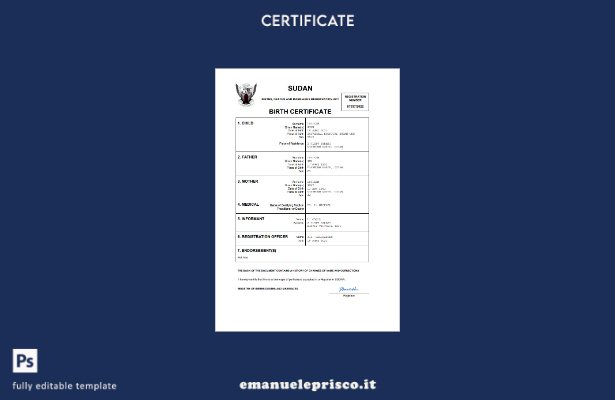 certificato di nascita del Sudan in stile verificato modello Word e PDF