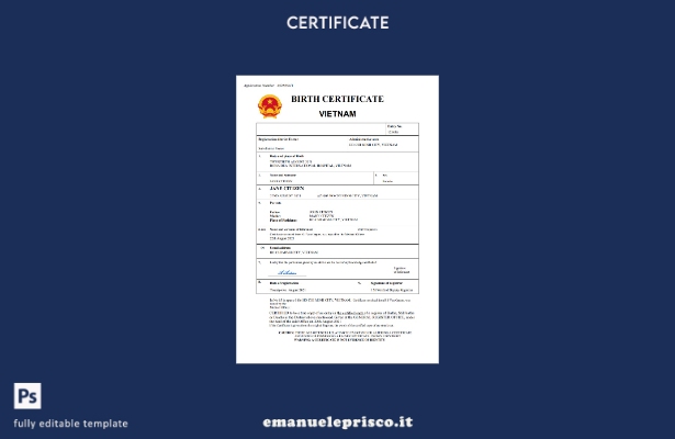 certificato di nascita del Vietnam in stile verificato modello Word e PDF