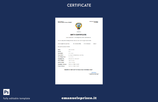 certificato di nascita del documento di stato civile del Kuwait in stile verific