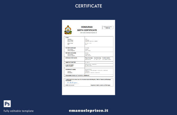 certificato di nascita dell'Honduras in stile verificato modello Word e PDF