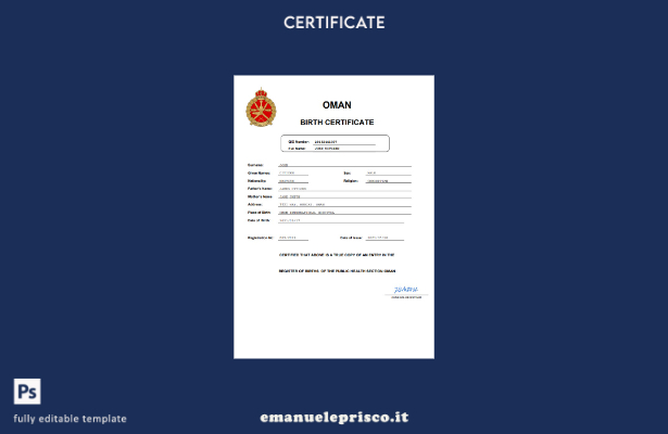 certificato di nascita dell'Oman in stile verificato modello Word e PDF