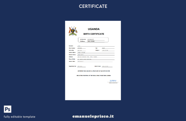 certificato di nascita dell'Uganda in stile verificato modello Word e PDF