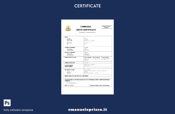 certificato di nascita della Cambogia in stile verificato modello Word e PDF