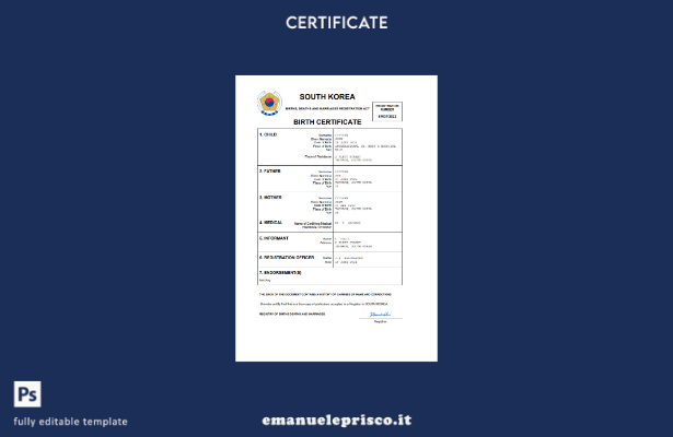 certificato di nascita della Corea del Sud in stile verificato modello Word e PD