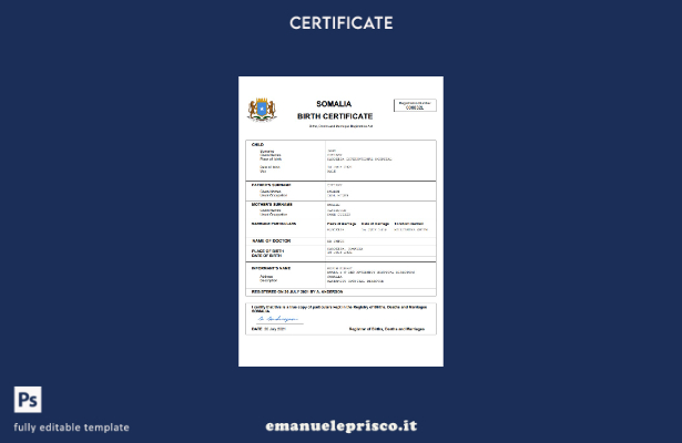 certificato di nascita della Somalia in stile verificato modello Word e PDF