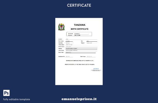 certificato di nascita della Tanzania in stile verificato modello Word e PDF