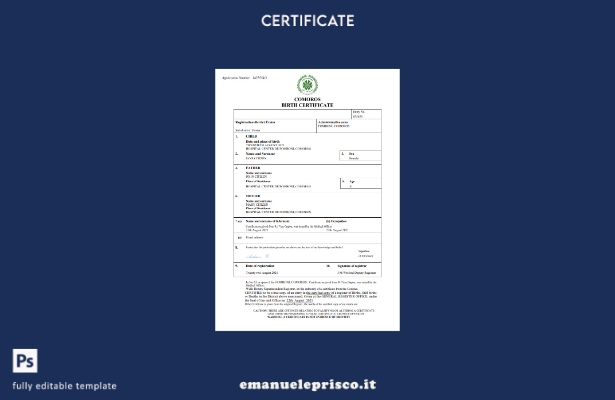 certificato di nascita delle Comore in stile verificato modello Word e PDF