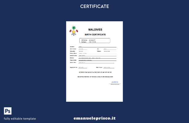 certificato di nascita delle Maldive in stile verificato modello Word e PDF