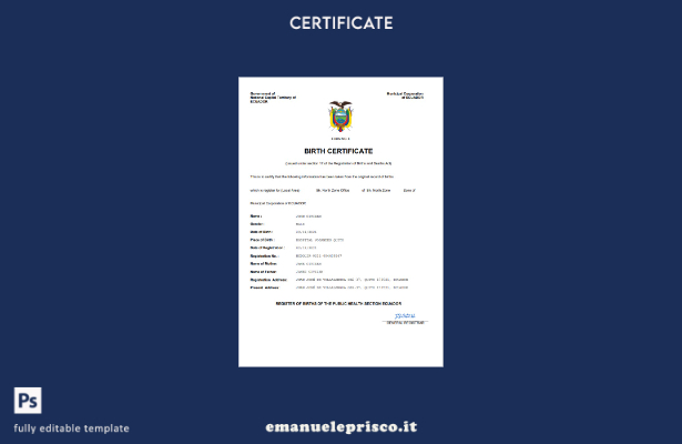 certificato di nascita dello stato civile dell'Ecuador in stile verificato model