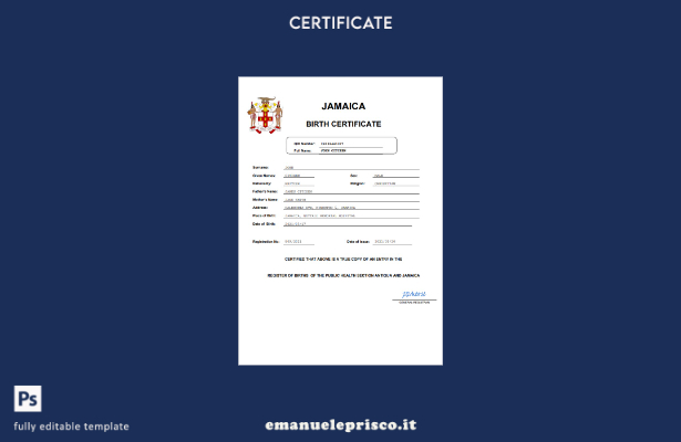 certificato di nascita dello stato civile della Giamaica in stile verificato mod