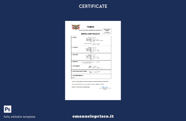 certificato di nascita dello stato civile dello Yemen in stile verificato modell
