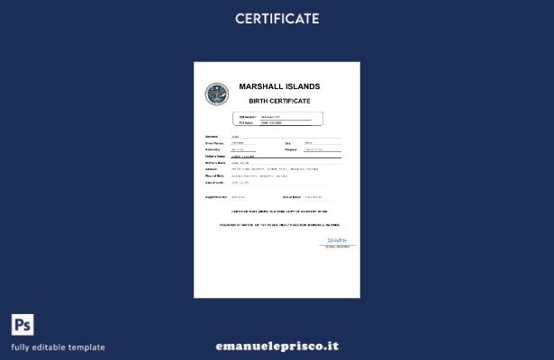 certificato di nascita dello stato di stato civile delle Isole Marshall in stile