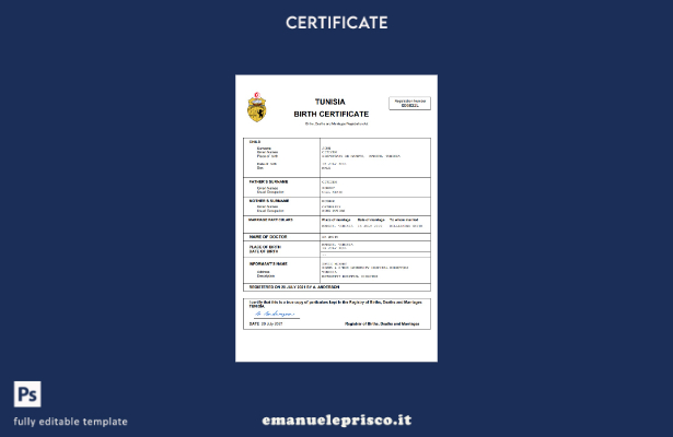 certificato di nascita dello stato di stato civile tunisino in stile verificato