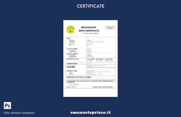 certificato di nascita dello stato di stato del Madagascar in stile verificato m