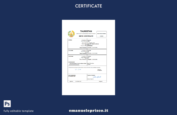 certificato di nascita dello stato di stato del Tagikistan in stile verificato M
