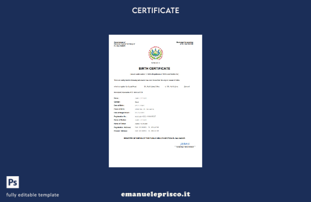 certificato di nascita dello stato di stato di El Salvador in stile verificato m