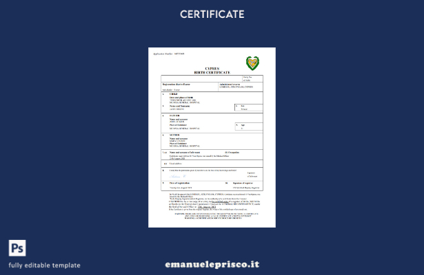 certificato di nascita di Cipro in stile verificato modello Word e PDF