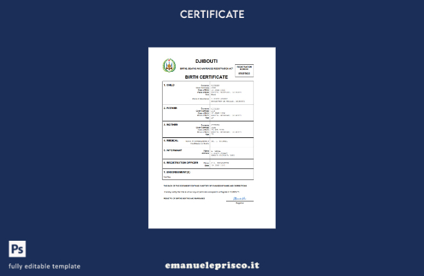 certificato di nascita di Gibuti in stile verificato modello Word e PDF