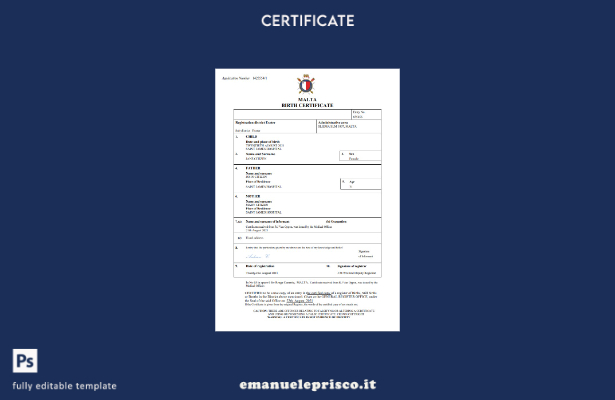 certificato di nascita di Malta in stile verificato modello Word e PDF