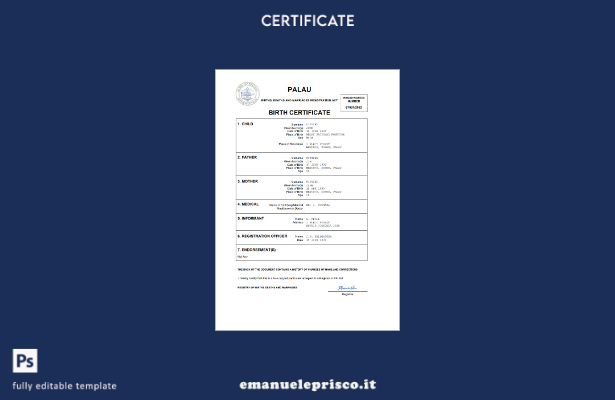 certificato di nascita di Palau in stile verificato modello Word e PDF