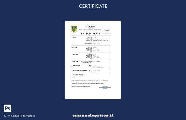 certificato di nascita di Tuvalu in stile verificato Modello Word e PDF