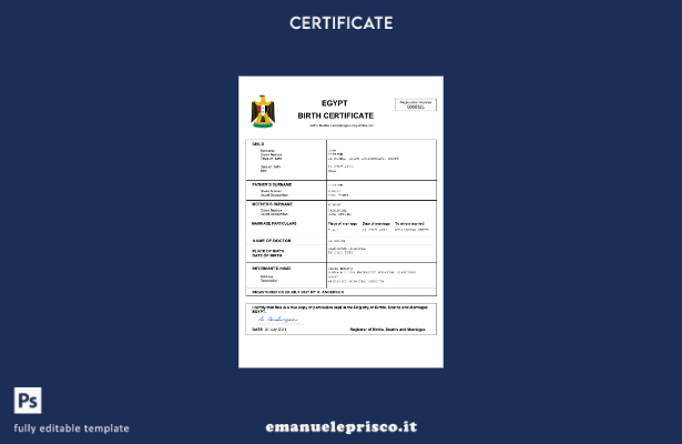 certificato di nascita egiziano in stile verificato modello Word e PDF