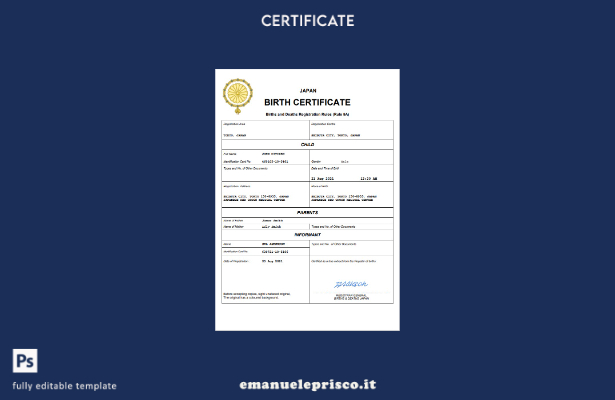 certificato di nascita giapponese in stile verificato Modello Word e PDF, modell