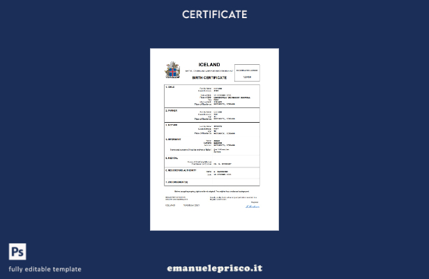 certificato di nascita islandese in stile verificato modello Word e PDF