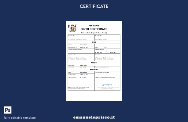 certificato di nascita neozelandese in stile verificato modello Word e PDF