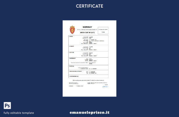 certificato di nascita norvegese in stile verificato modello Word e PDF