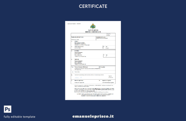 certificato di nascita sammarinese in stile verificato modello Word e PDF