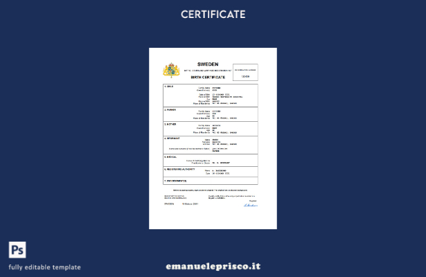 certificato di nascita svedese in stile verificato Modello Word e PDF, modello c