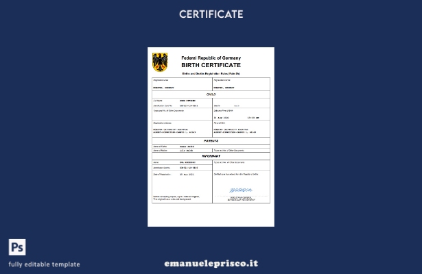 certificato di nascita tedesco in stile verificato modello Word e PDF