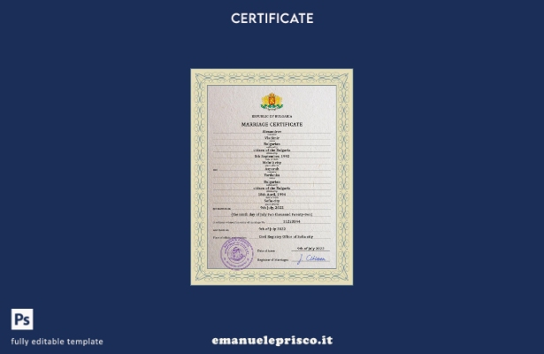 modello PSD del certificato di matrimonio bulgaro in stile verificato, modello