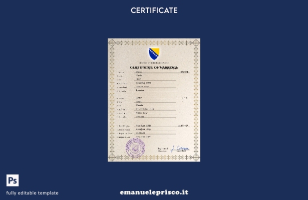 modello PSD del certificato di matrimonio della Bosnia ed Erzegovina in stile ve