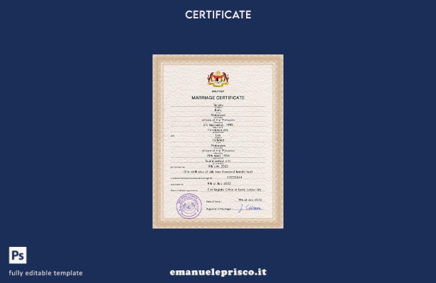 modello PSD del certificato di matrimonio della Malesia in stile verificato