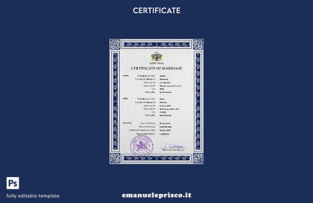 modello PSD del certificato di matrimonio di Santa Lucia in stile verificato