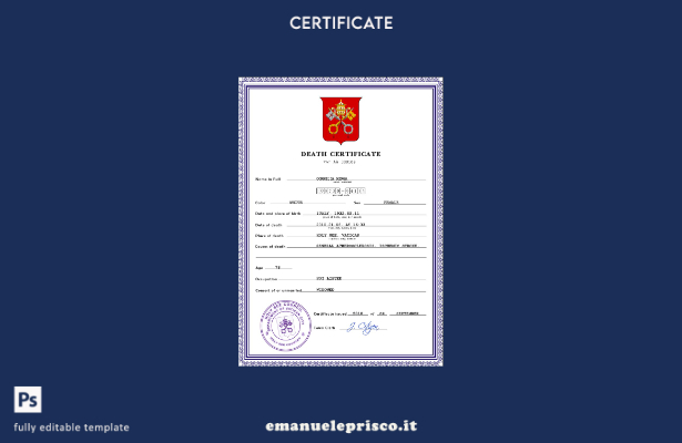 modello PSD del certificato di morte degli atti di stato civile della Santa Sede
