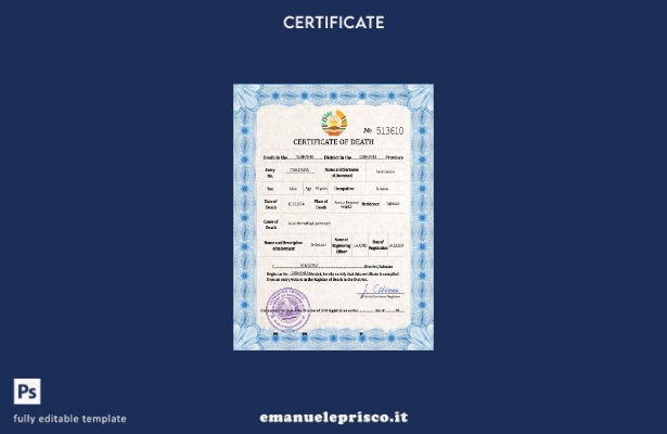 modello PSD del certificato di morte dei documenti di stato civile del Tagikista