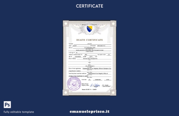modello PSD del certificato di morte dei documenti di stato civile della Bosnia
