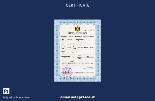 modello PSD del certificato di morte dei documenti di stato civile della Palesti