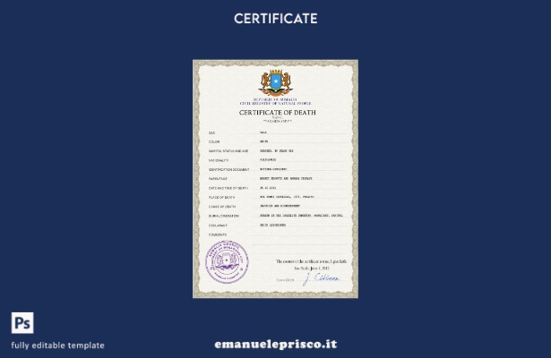 modello PSD del certificato di morte dei documenti di stato civile della Somalia